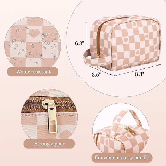 Small Personalized Make up Bag With Checkered Makeup Travel Bag Wide-open Pouch - Picture 3 of 7